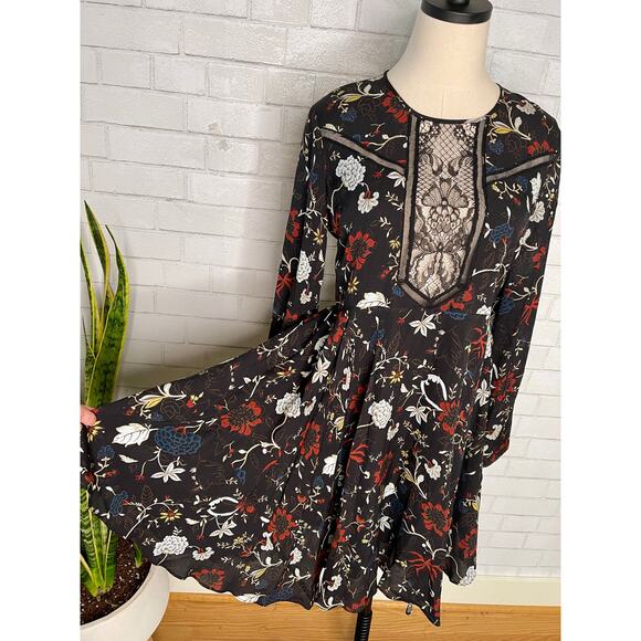 New! ALC 4 Dark Floral 100% SILK $695 Lace Cynthia Long Sleeve Fit Flare Dress - Picture 10 of 12